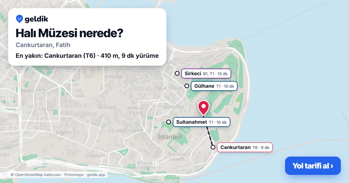 Where is Halı Müzesi: map with its location and the nearest stops, with walking times