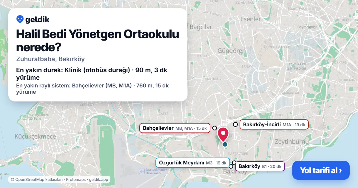 Where is Halil Bedi Yönetgen Ortaokulu: map with its location and the nearest stops, with walking times