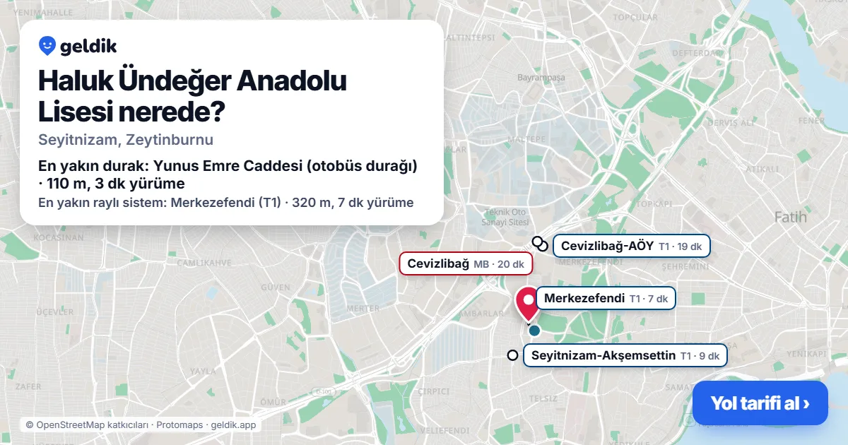 Where is Haluk Ündeğer Anadolu Lisesi: map with its location and the nearest stops, with walking times