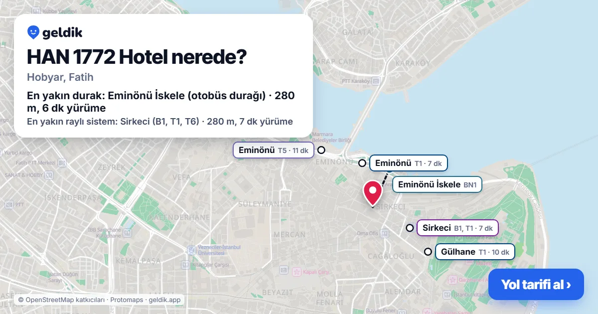 Where is HAN 1772 Hotel: map with its location and the nearest stops, with walking times