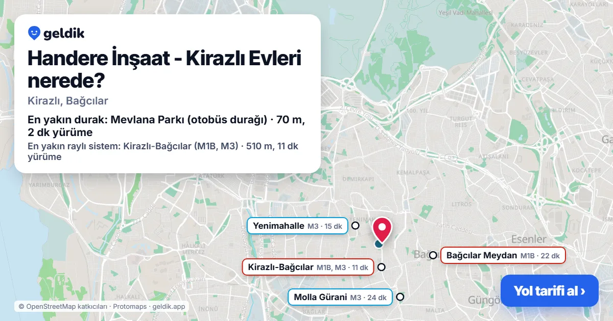 Handere İnşaat - Kirazlı Evleri nerede: haritada konumu ve en yakın duraklar, yürüme süreleriyle