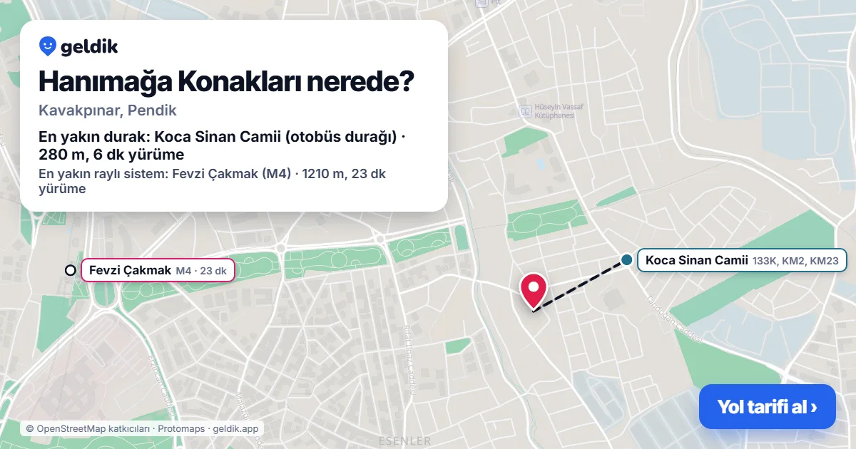 Hanımağa Konakları nerede: haritada konumu ve en yakın duraklar, yürüme süreleriyle