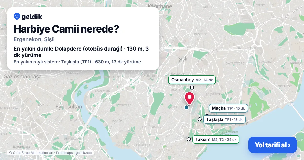 Where is Harbiye Camii: map with its location and the nearest stops, with walking times