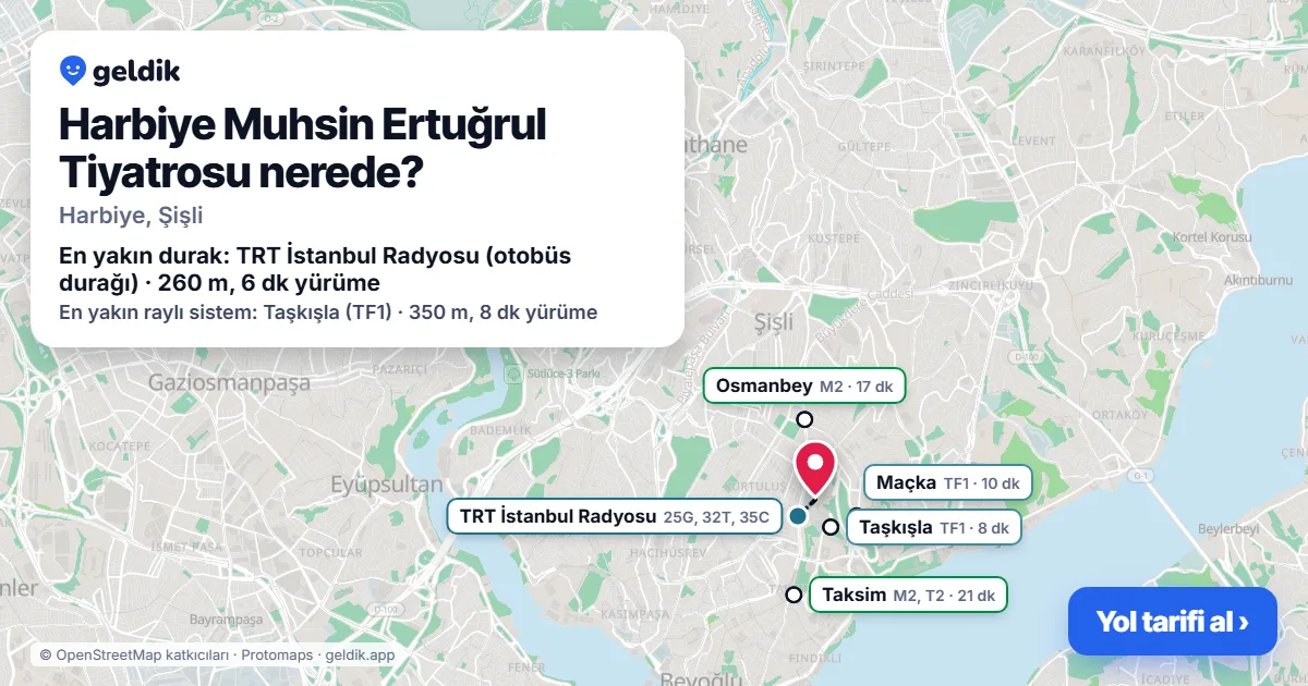 Harbiye Muhsin Ertuğrul Tiyatrosu nerede: haritada konumu ve en yakın duraklar, yürüme süreleriyle