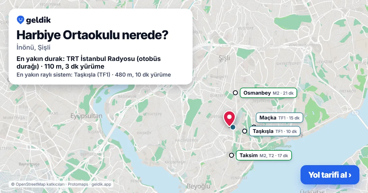 Where is Harbiye Ortaokulu: map with its location and the nearest stops, with walking times