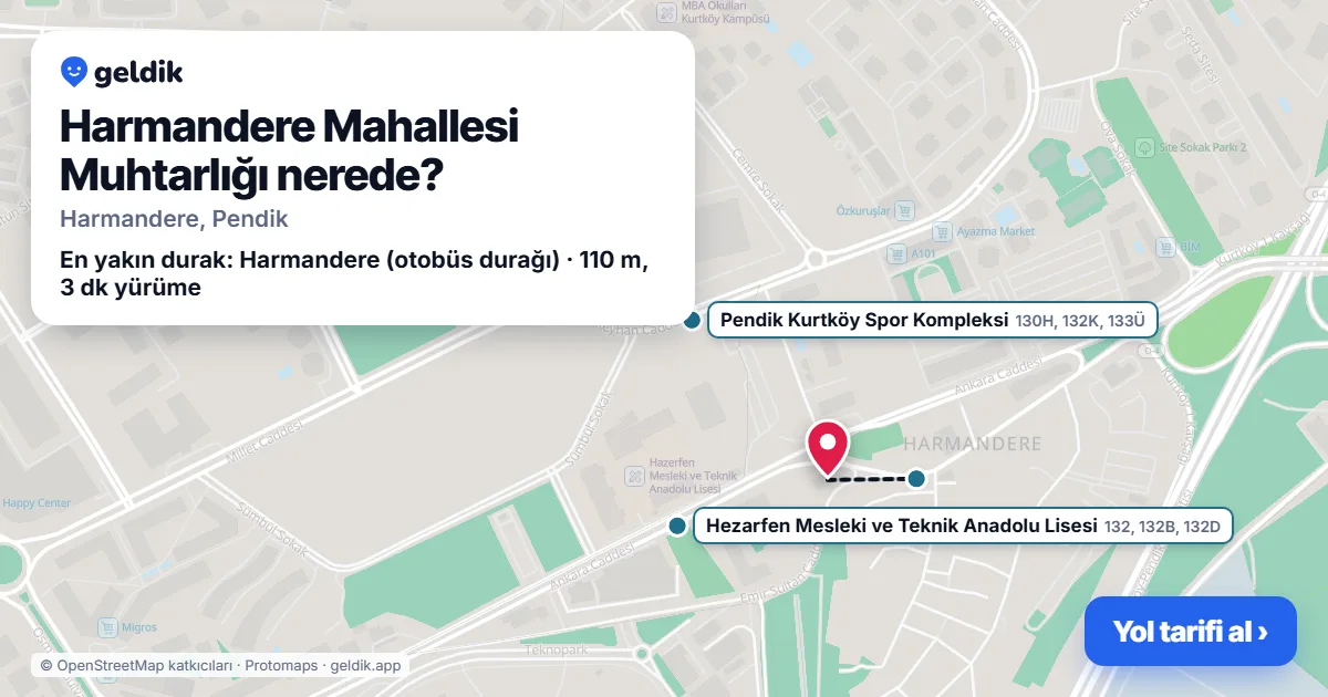 Where is Harmandere Mahallesi Muhtarlığı: map with its location and the nearest stops, with walking times