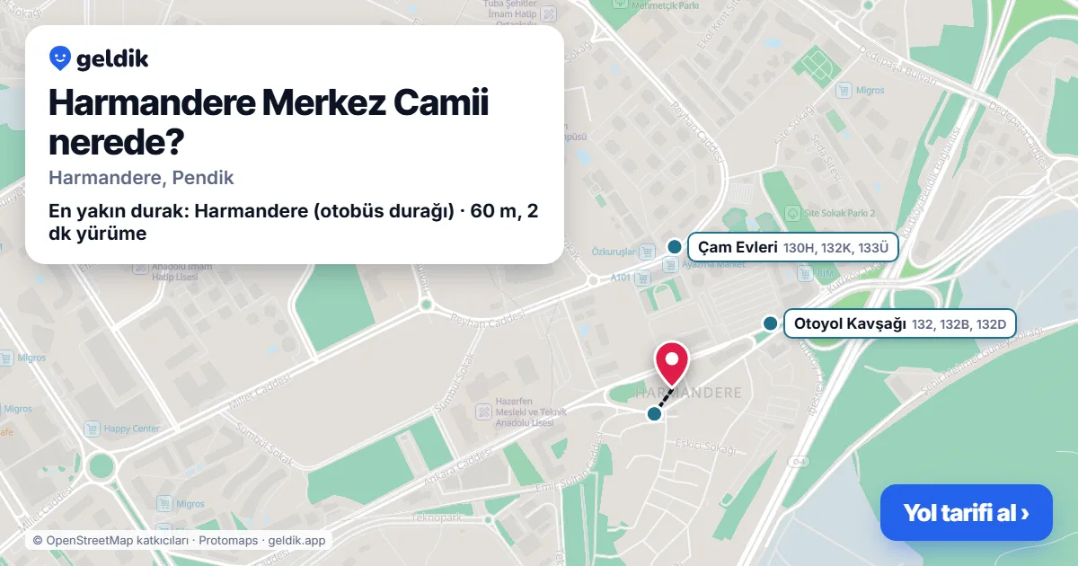 Harmandere Merkez Camii nerede: haritada konumu ve en yakın duraklar, yürüme süreleriyle