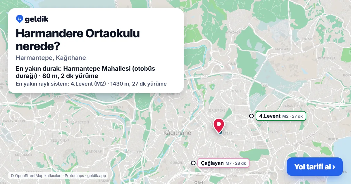 Harmandere Ortaokulu nerede: haritada konumu ve en yakın duraklar, yürüme süreleriyle