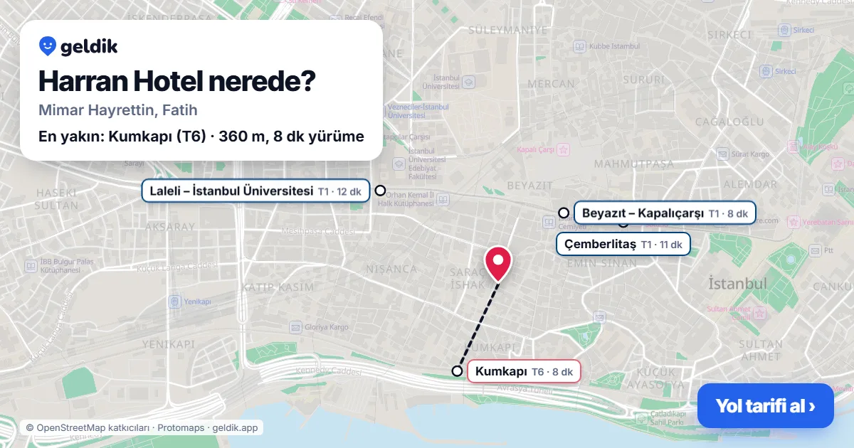 Harran Hotel nerede: haritada konumu ve en yakın duraklar, yürüme süreleriyle