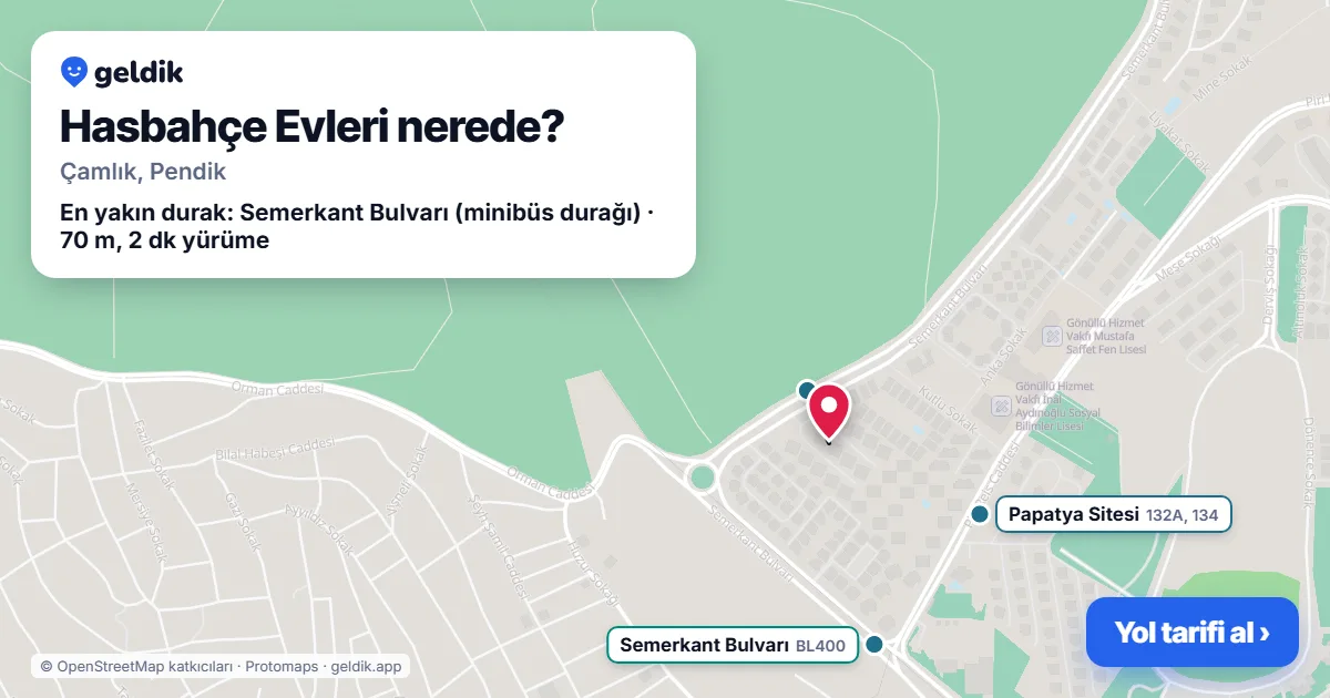 Where is Hasbahçe Evleri: map with its location and the nearest stops, with walking times
