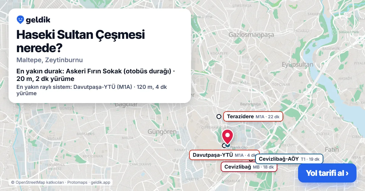 Where is Haseki Sultan Çeşmesi: map with its location and the nearest stops, with walking times