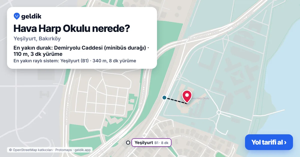 Hava Harp Okulu nerede: haritada konumu ve en yakın duraklar, yürüme süreleriyle
