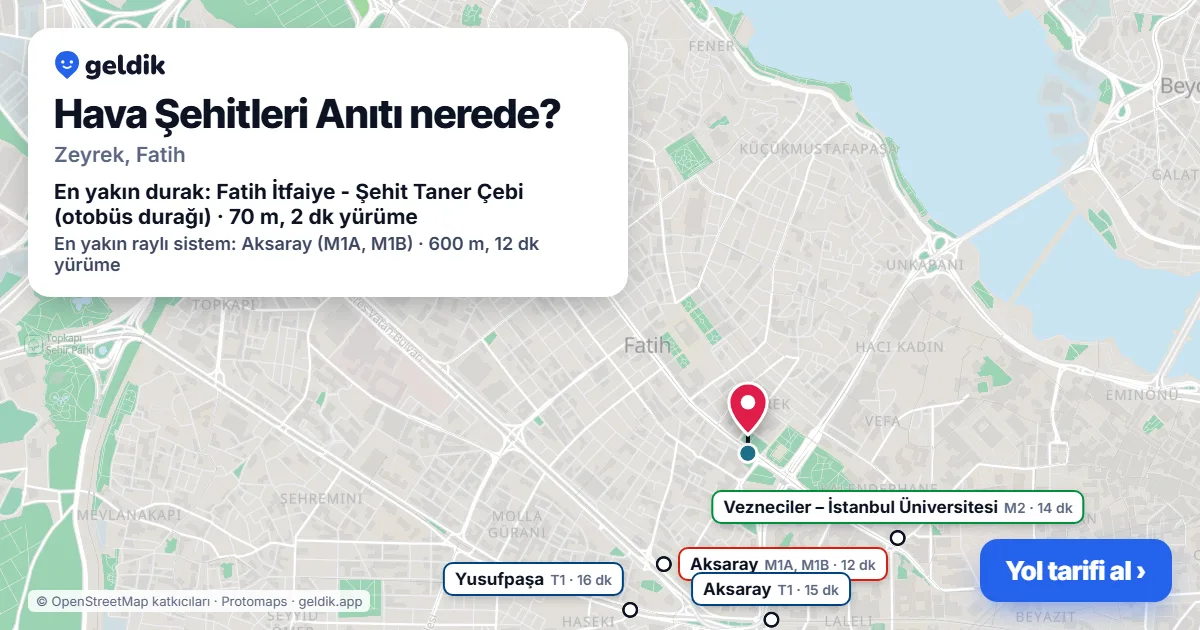 Where is Hava Şehitleri Anıtı: map with its location and the nearest stops, with walking times