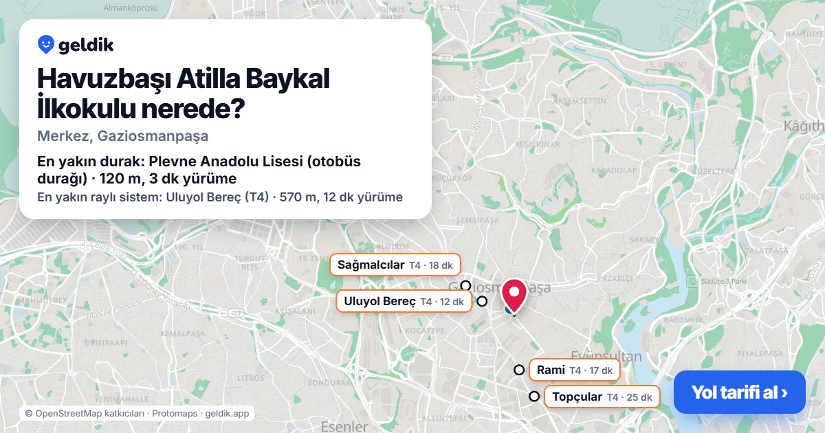 Havuzbaşı Atilla Baykal İlkokulu nerede: haritada konumu ve en yakın duraklar, yürüme süreleriyle