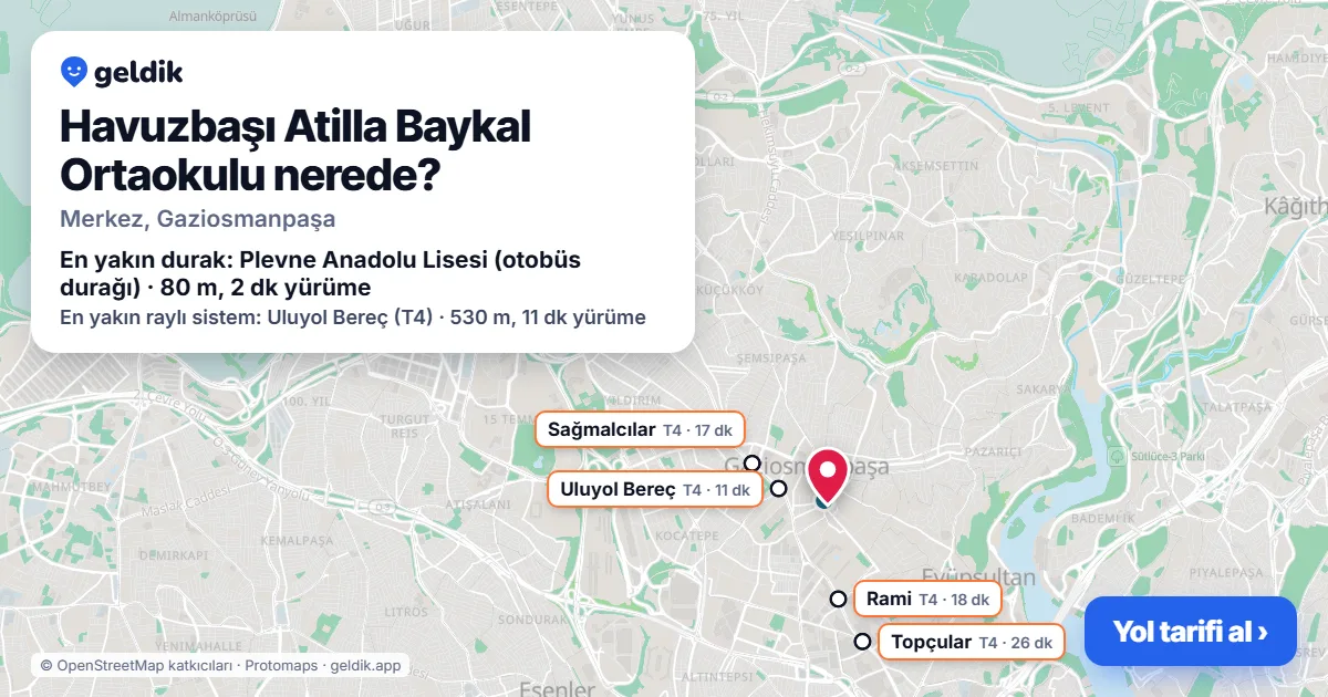 Havuzbaşı Atilla Baykal Ortaokulu nerede: haritada konumu ve en yakın duraklar, yürüme süreleriyle