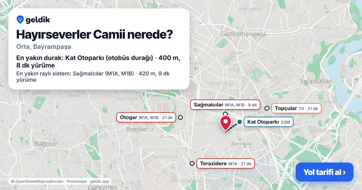 Where is Hayırseverler Camii: map with its location and the nearest stops, with walking times