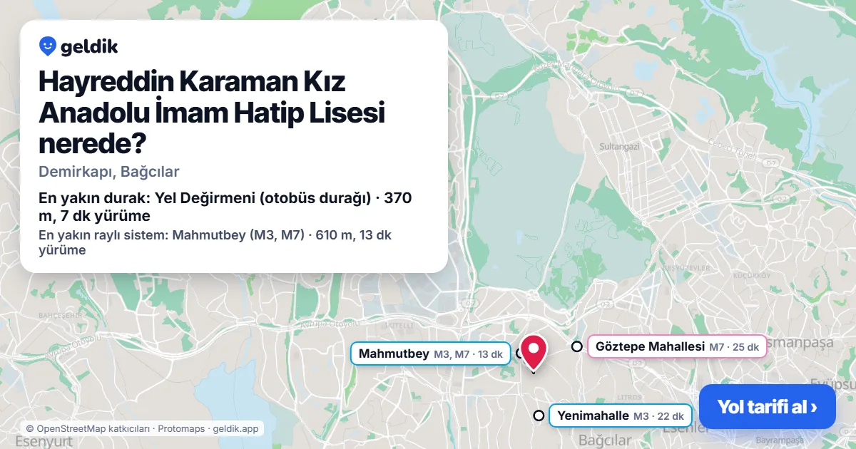 Where is Hayreddin Karaman Kız Anadolu İmam Hatip Lisesi: map with its location and the nearest stops, with walking times