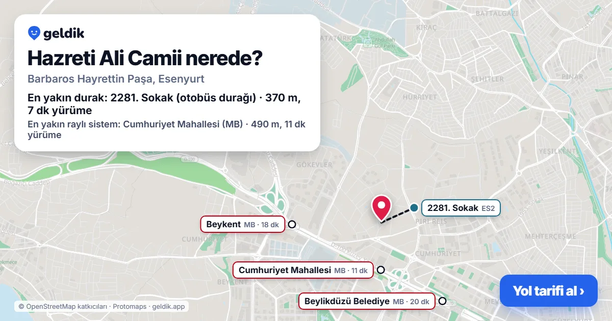 Hazreti Ali Camii nerede: haritada konumu ve en yakın duraklar, yürüme süreleriyle