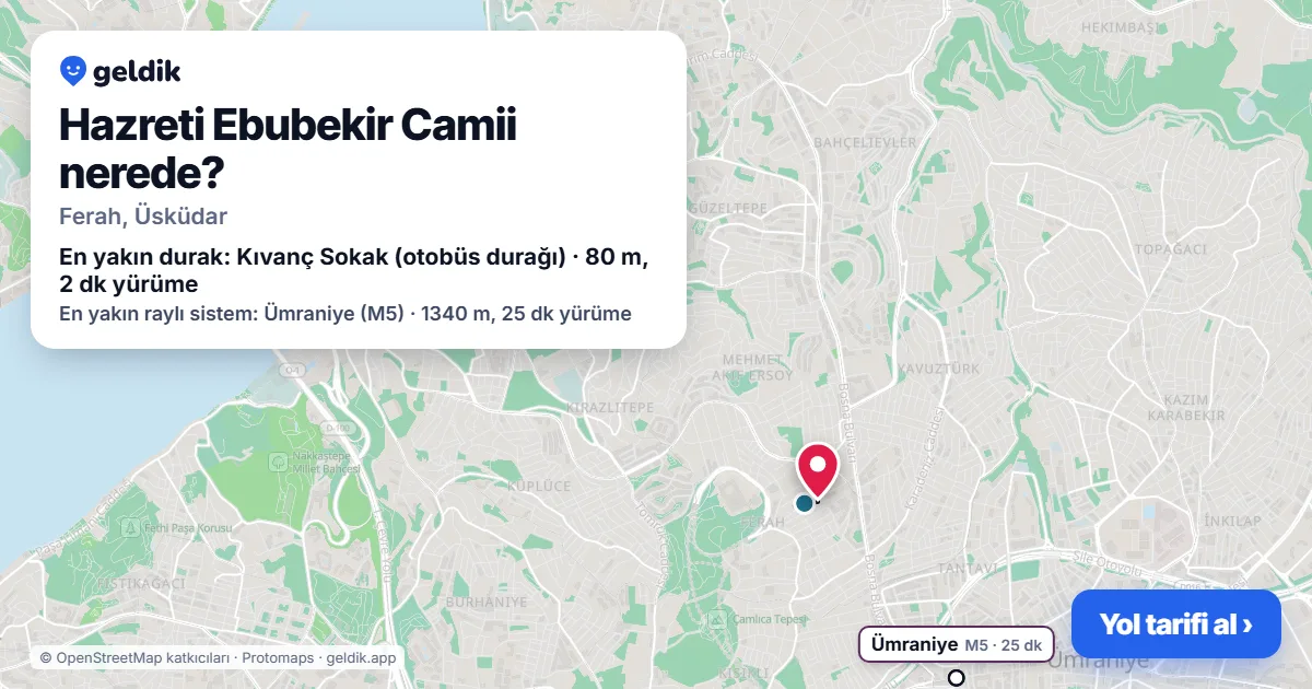 Hazreti Ebubekir Camii nerede: haritada konumu ve en yakın duraklar, yürüme süreleriyle