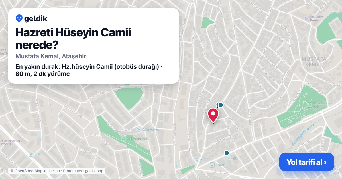 Hazreti Hüseyin Camii nerede: haritada konumu ve en yakın duraklar, yürüme süreleriyle