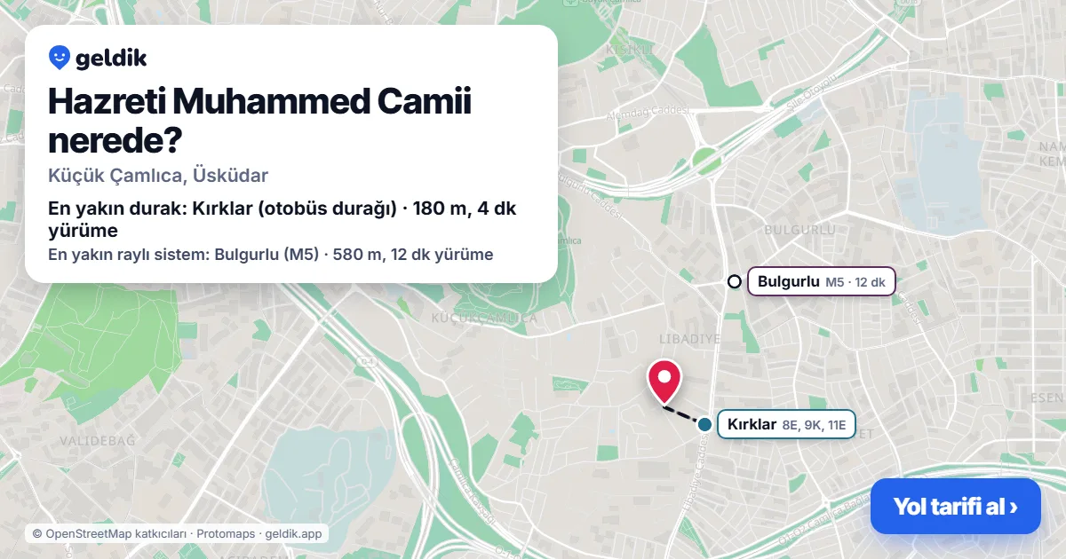 Hazreti Muhammed Camii nerede: haritada konumu ve en yakın duraklar, yürüme süreleriyle