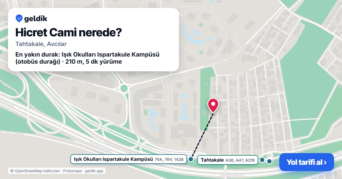 Where is Hicret Cami: map with its location and the nearest stops, with walking times