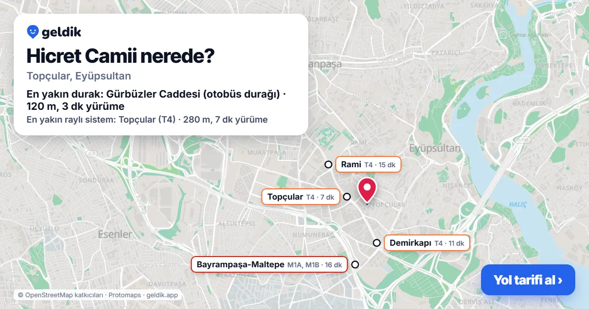 Where is Hicret Camii: map with its location and the nearest stops, with walking times