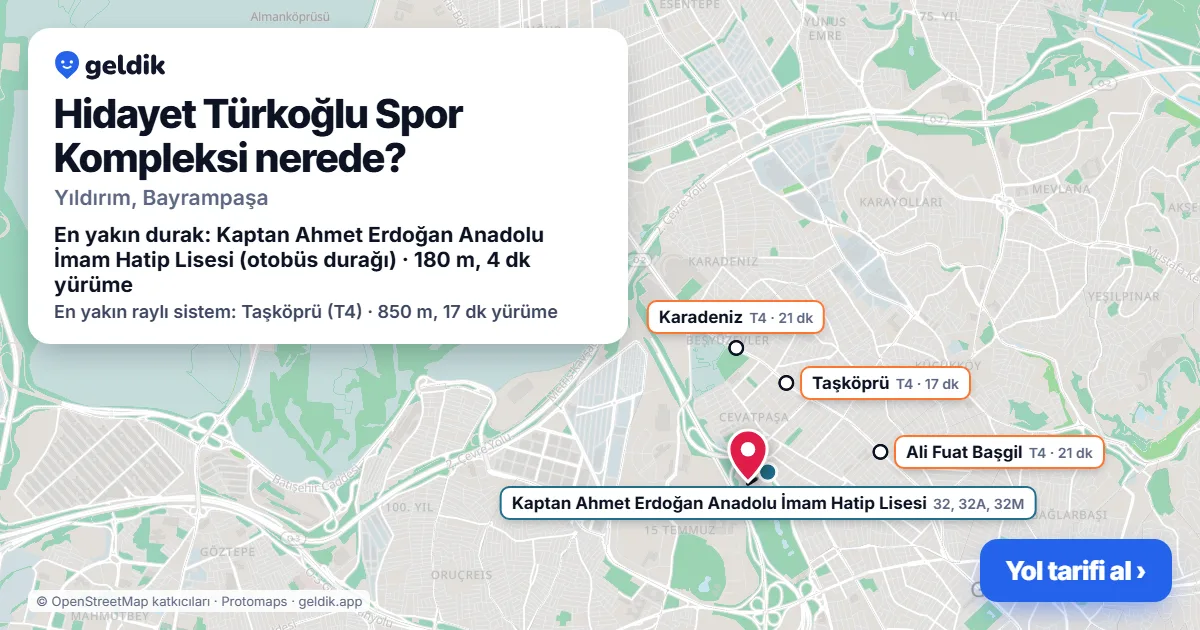 Hidayet Türkoğlu Spor Kompleksi nerede: haritada konumu ve en yakın duraklar, yürüme süreleriyle