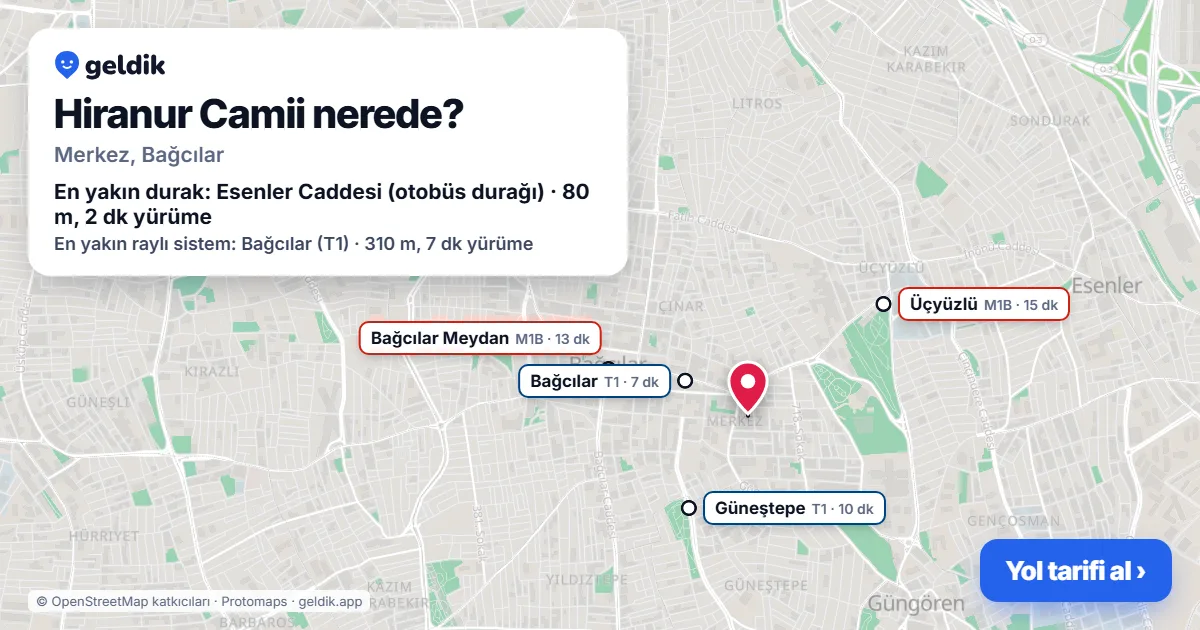 Where is Hiranur Camii: map with its location and the nearest stops, with walking times