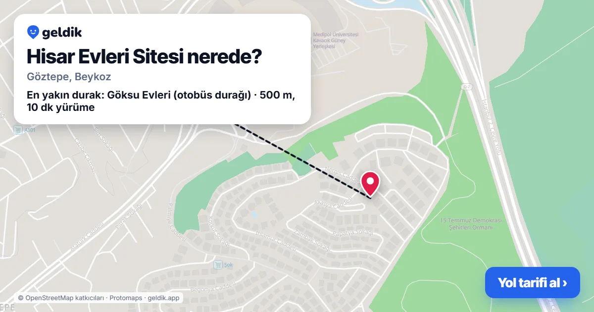 Hisar Evleri Sitesi nerede: haritada konumu ve en yakın duraklar, yürüme süreleriyle