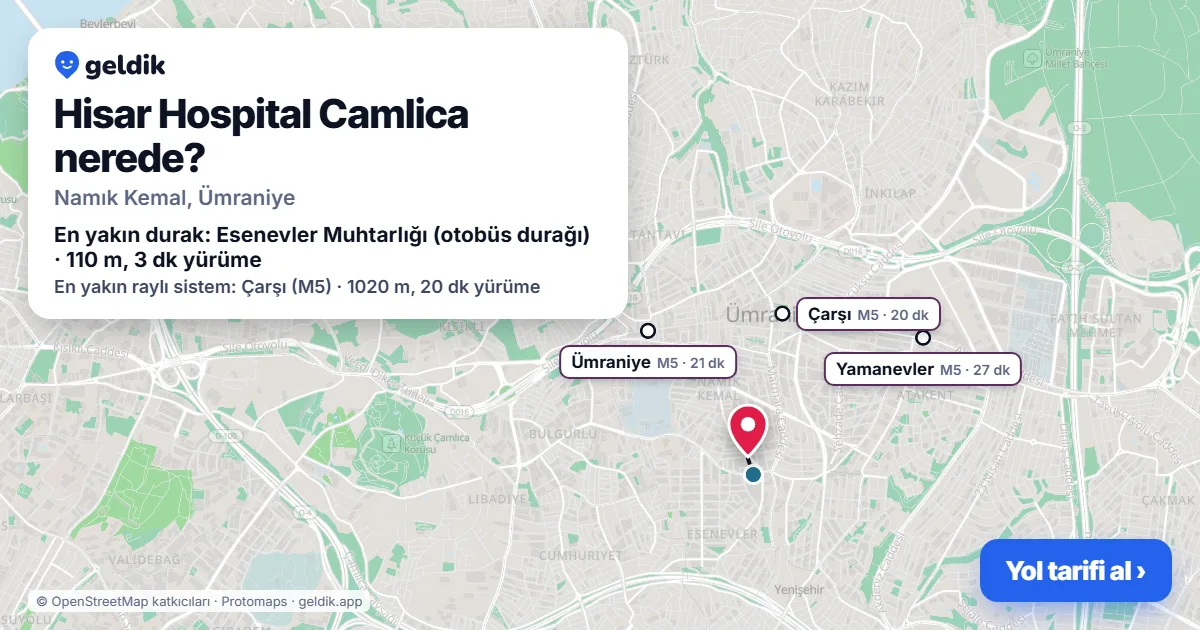 Where is Hisar Hospital Camlica: map with its location and the nearest stops, with walking times
