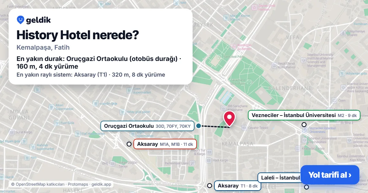 Where is History Hotel: map with its location and the nearest stops, with walking times