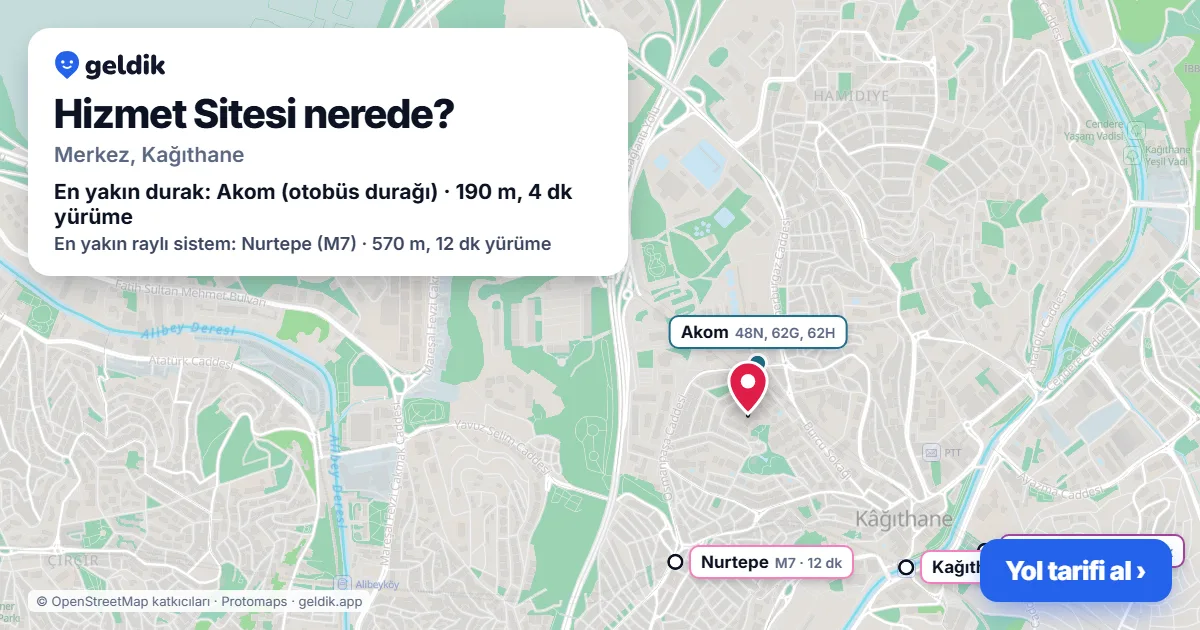 Where is Hizmet Sitesi: map with its location and the nearest stops, with walking times