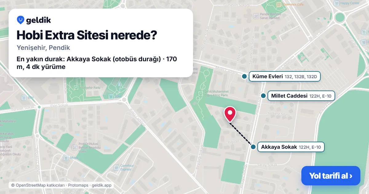 Hobi Extra Sitesi nerede: haritada konumu ve en yakın duraklar, yürüme süreleriyle