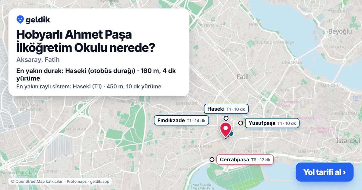 Where is Hobyarlı Ahmet Paşa İlköğretim Okulu: map with its location and the nearest stops, with walking times