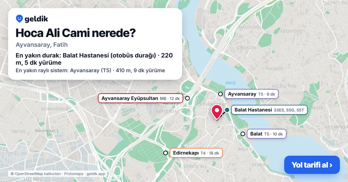 Where is Hoca Ali Cami: map with its location and the nearest stops, with walking times