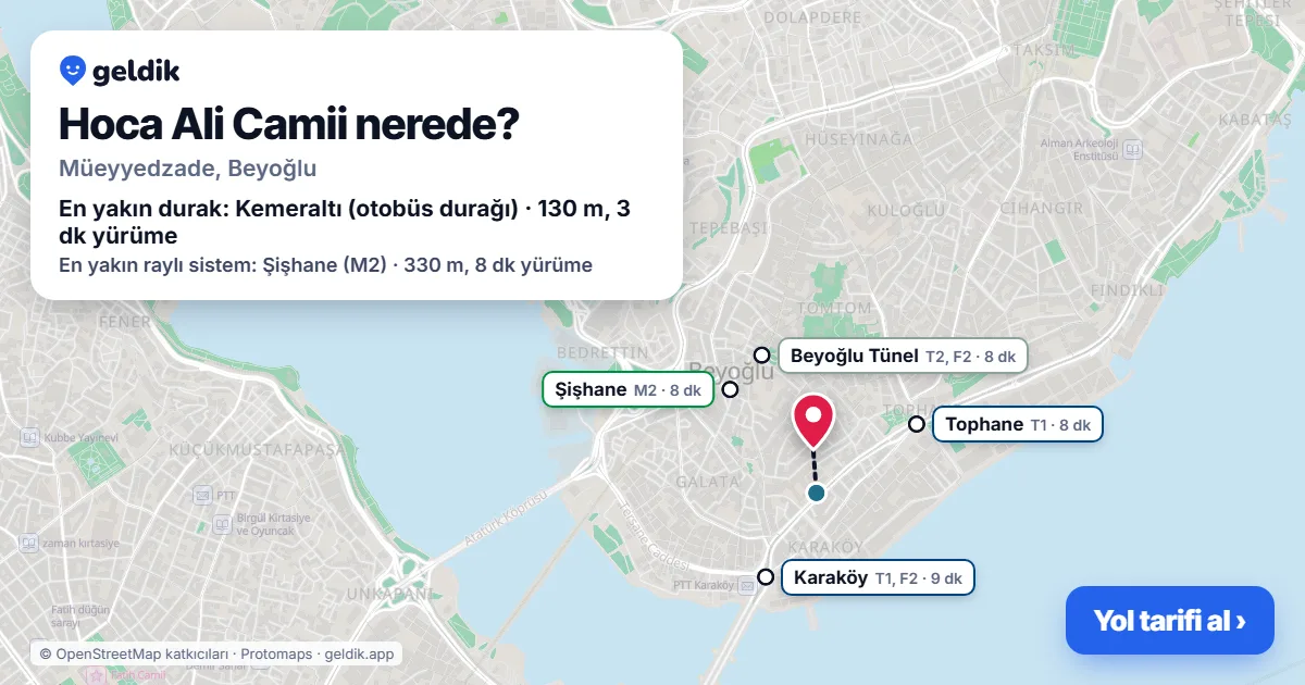 Where is Hoca Ali Camii: map with its location and the nearest stops, with walking times