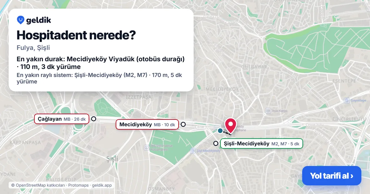 Hospitadent nerede: haritada konumu ve en yakın duraklar, yürüme süreleriyle