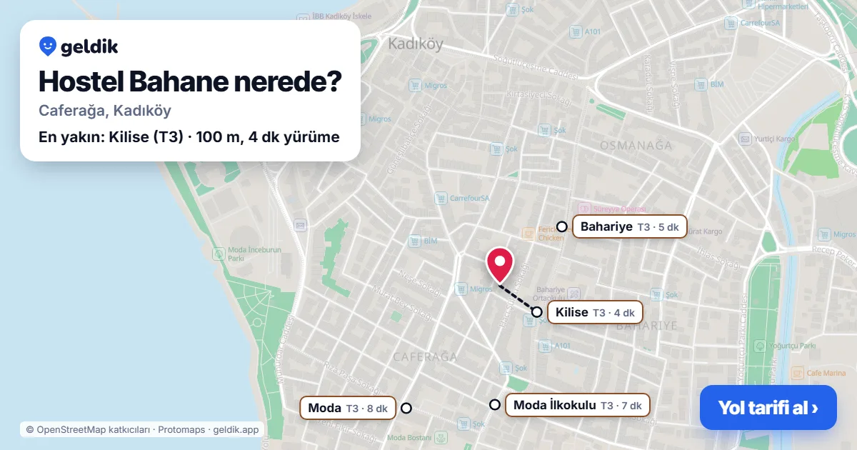 Hostel Bahane nerede: haritada konumu ve en yakın duraklar, yürüme süreleriyle