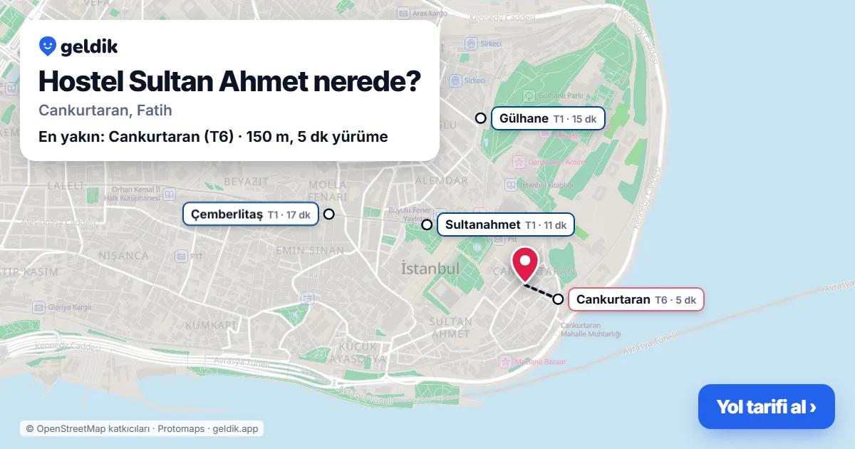 Hostel Sultan Ahmet nerede: haritada konumu ve en yakın duraklar, yürüme süreleriyle