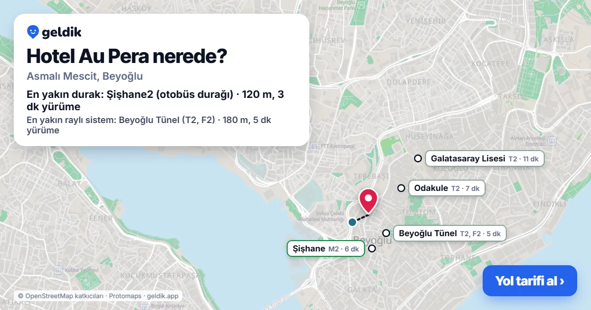 Where is Hotel Au Pera: map with its location and the nearest stops, with walking times