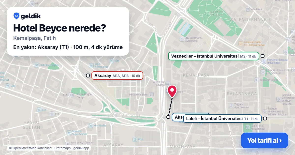 Hotel Beyce nerede: haritada konumu ve en yakın duraklar, yürüme süreleriyle