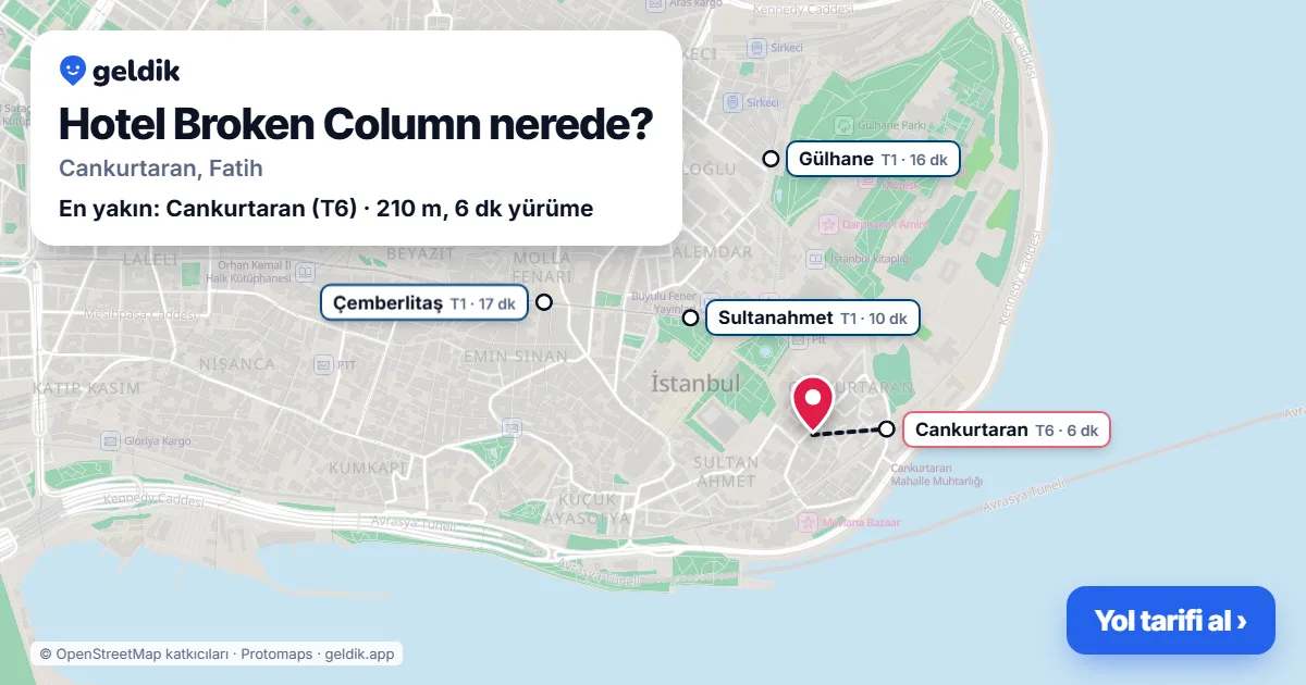 Hotel Broken Column nerede: haritada konumu ve en yakın duraklar, yürüme süreleriyle