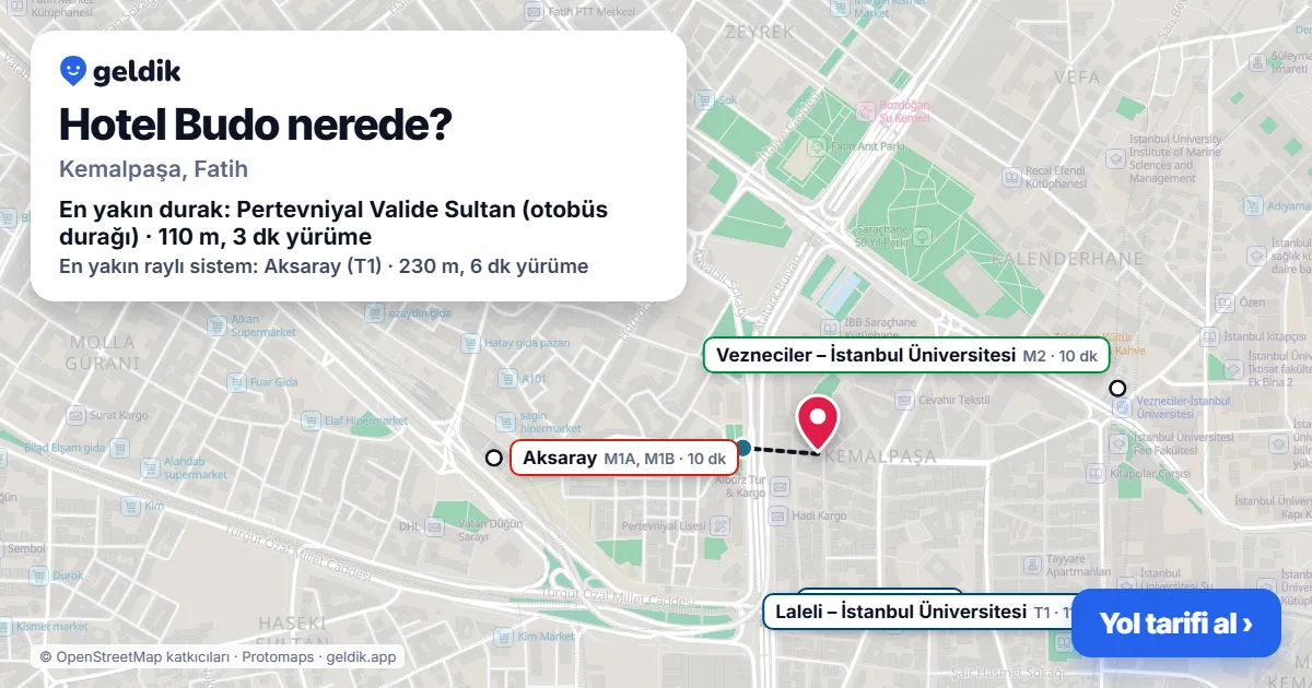 Where is Hotel Budo: map with its location and the nearest stops, with walking times
