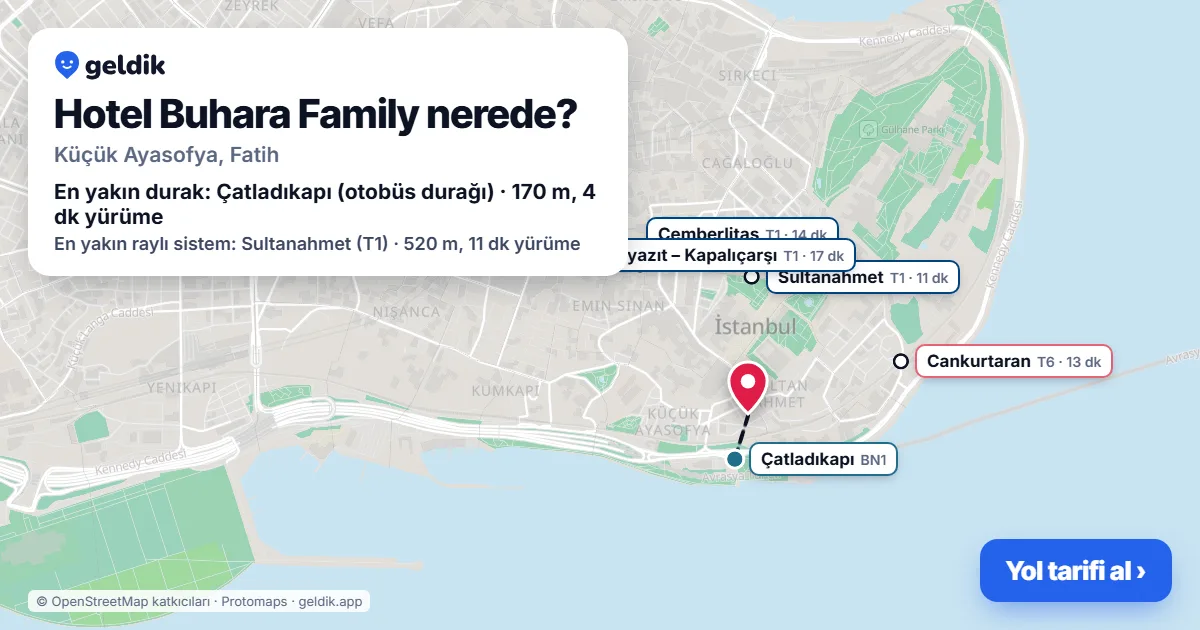 Hotel Buhara Family nerede: haritada konumu ve en yakın duraklar, yürüme süreleriyle