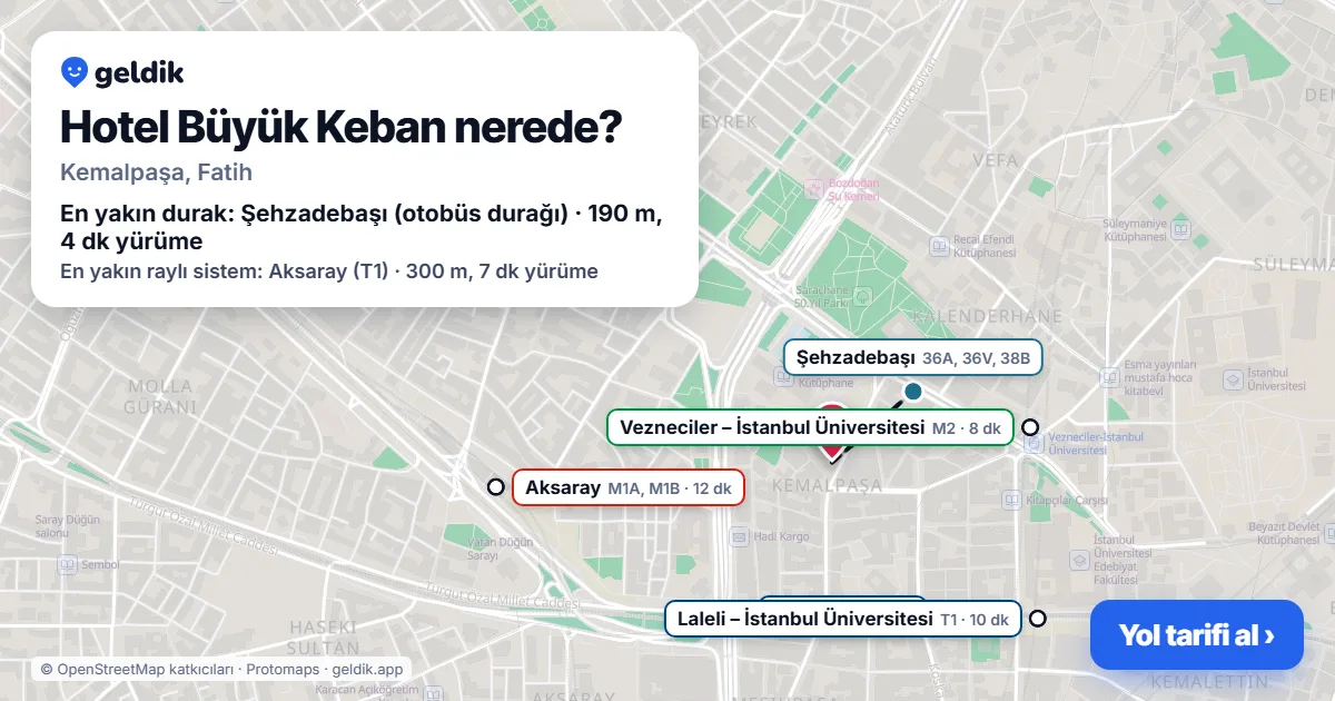 Where is Hotel Büyük Keban: map with its location and the nearest stops, with walking times