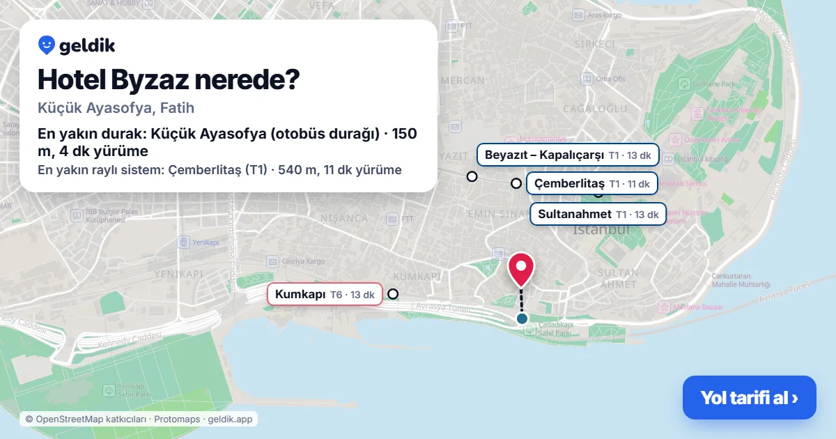Where is Hotel Byzaz: map with its location and the nearest stops, with walking times