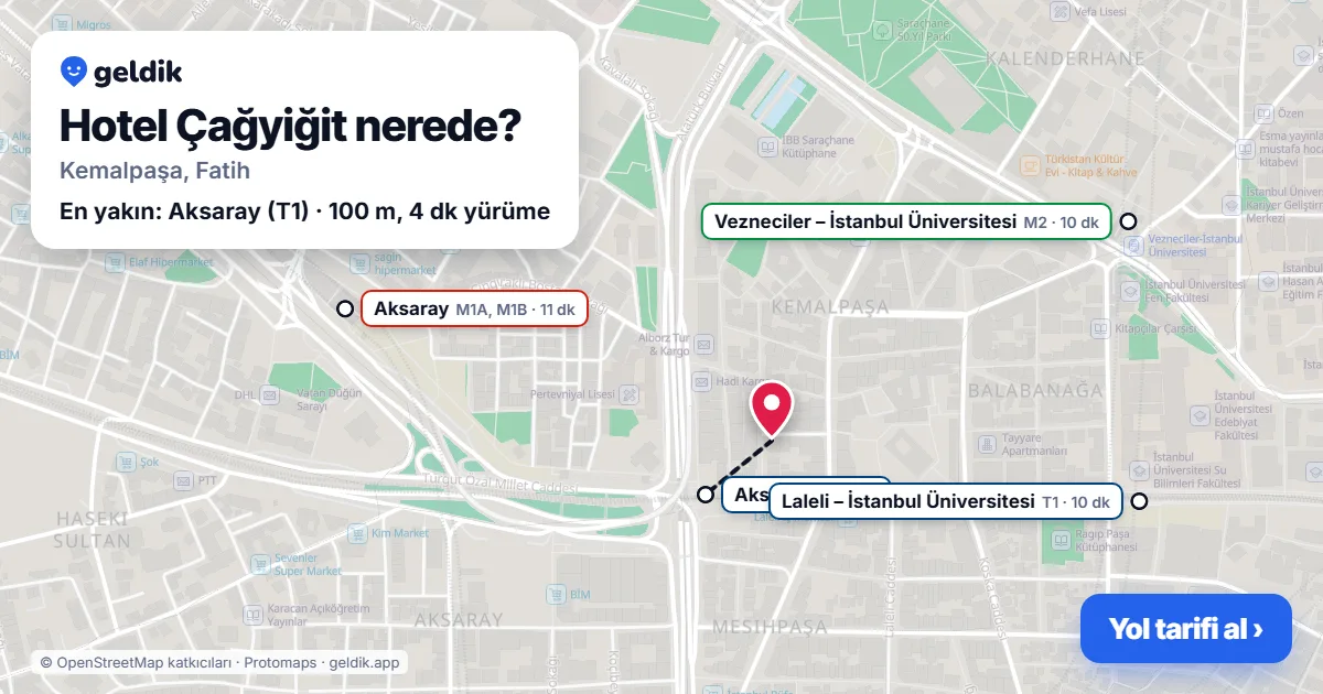 Hotel Çağyiğit nerede: haritada konumu ve en yakın duraklar, yürüme süreleriyle