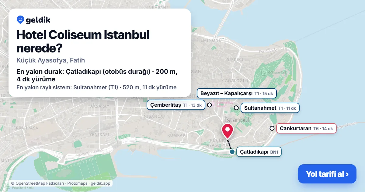 Hotel Coliseum Istanbul nerede: haritada konumu ve en yakın duraklar, yürüme süreleriyle