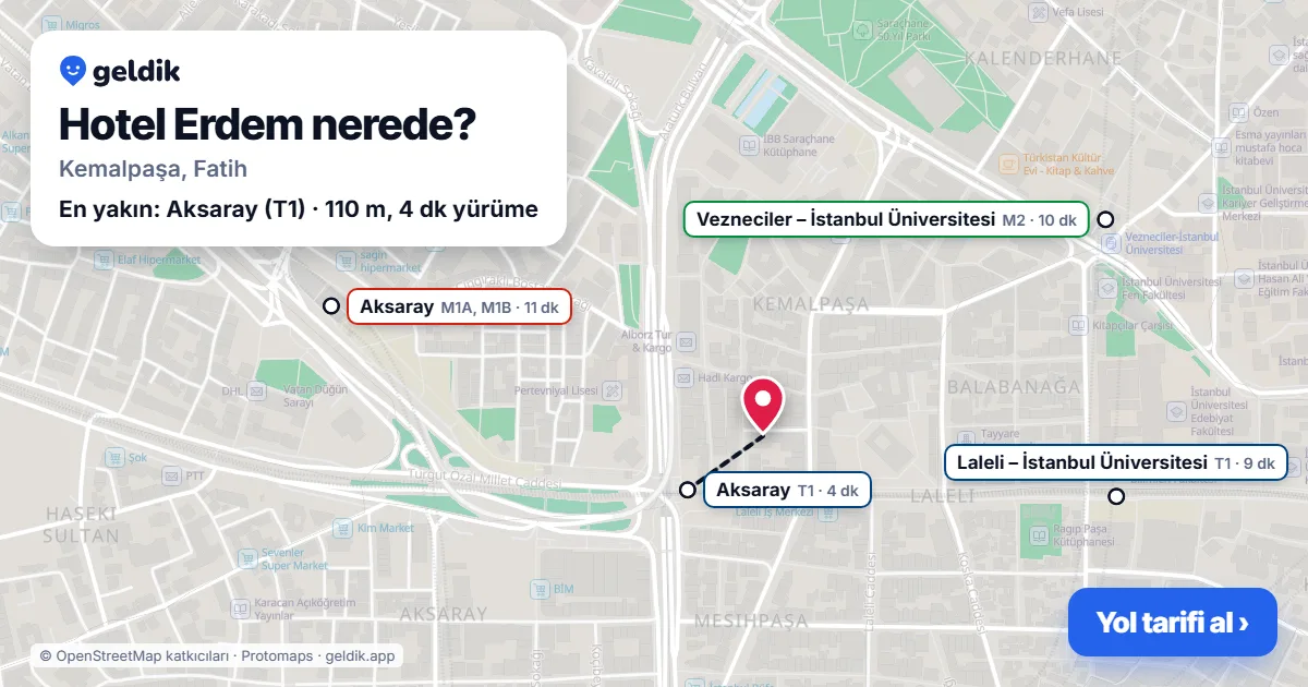 Hotel Erdem nerede: haritada konumu ve en yakın duraklar, yürüme süreleriyle